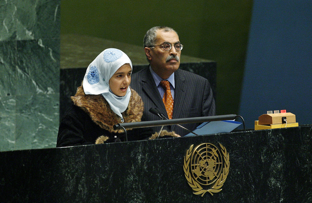Nada Al-Shari (left), Youth Representative and Chairperson of the Children's Parliament of Yemen, flanked by Abdullah Alsaidi, Permanent Representative of the Republic of Yemen to the United Nations, addresses a High-Level meeting of the sixty-second session of the General Assembly on the follow-up to the Outcome of the Special Session on Children "A World Fit for Children +5 (WFFC+5)". 2007. UN Photo/UN Photo Library.