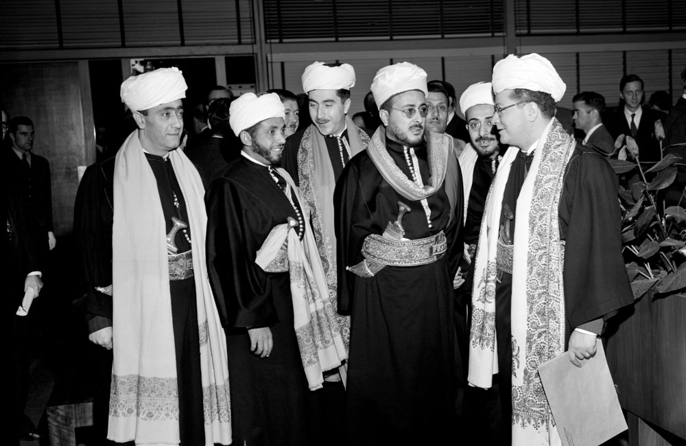 The delegation of Yemen before 92nd plenary meeting of the General Assembly at which their country and Pakistan were formally admitted to membership in the United Nations, thereby increasing the number of Member States to 57. 1947. UN Photo/UN Photo Library.