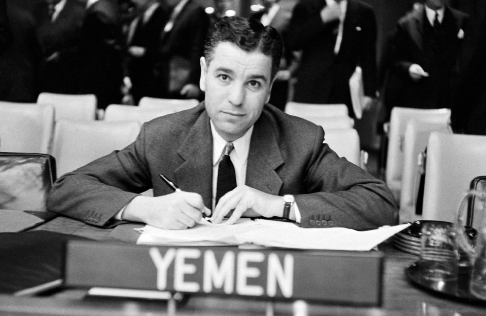 Mr. Zaki Abdo, of Yemen, photographed at his country's desk during the (13th) session of the United Nations General Assembly. 1958. UN Photo/UN Photo Library.