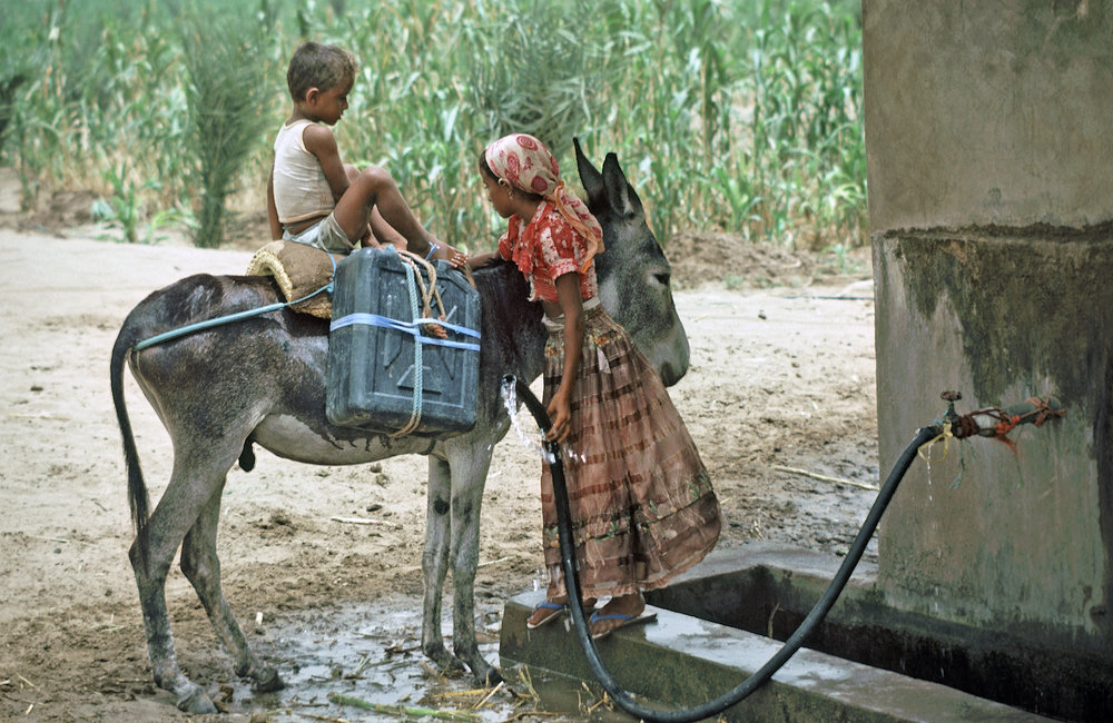 Children fill their containers with water from a community pump on the dry Tihama plain near Hudaydah. 1985. UN Photo/UN Photo Library.