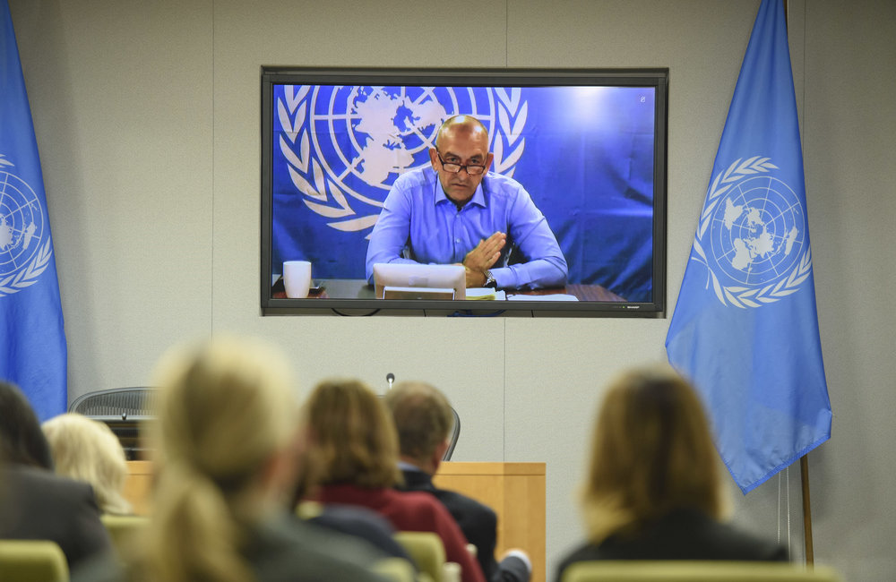 UNMHA's second Head of Mission Lieutenant General Michael Anker Lollesgaard during a press briefing. 2019. UN Photo/UN Photo Library.