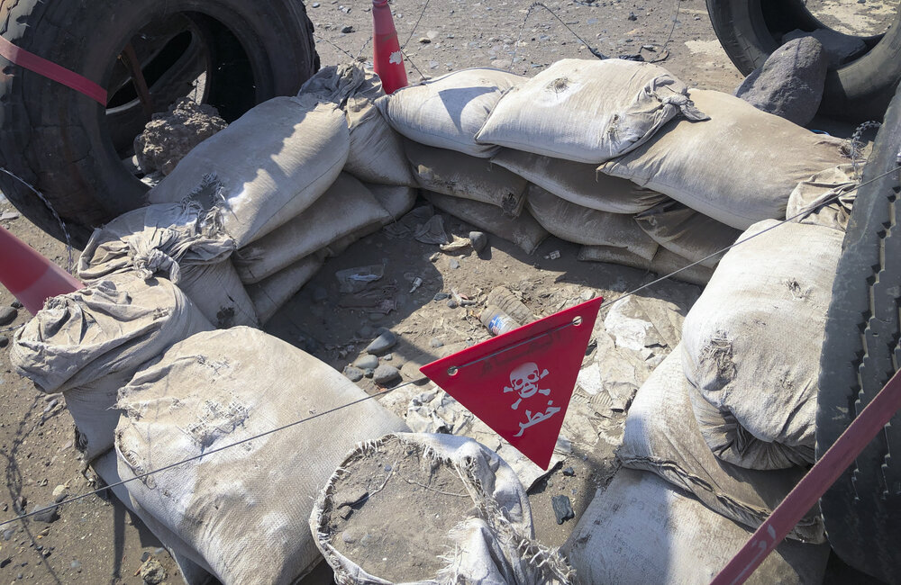 Markings around an unexploded ordnance site in Hudaydah Port in January, 2021. UN Photo/Amanda Fisher.