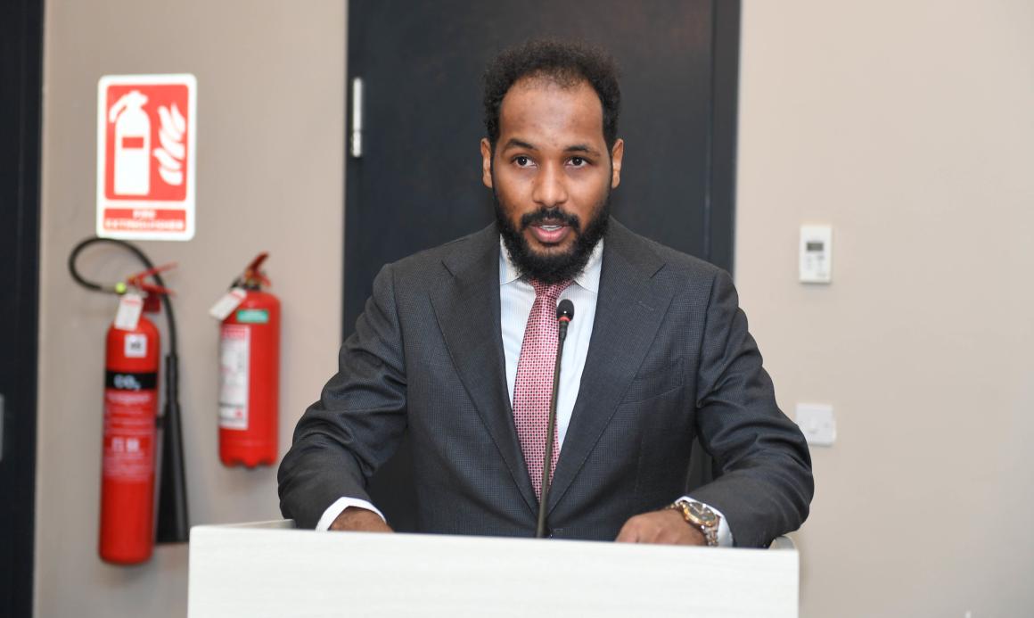 Somalia's Minister of Youth and Sports, Mohamed Abdulkadir Ali, delivers his remarks during the event held in Mogadishu, Somalia, on 5 November 2025.